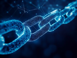 A blue glowing digital chain illustrates interconnected network technology
