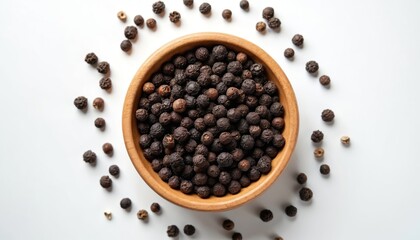 Flat lay of heap of black peppercorns in wooden bowl on white background. Dried round spice grains scattered around. Used as culinary flavor condiment in tasty food recipes. Exotic spice.