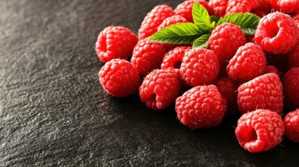 Fresh raspberries with vibrant color and green leaves, arranged beautifully on a dark textured surface.