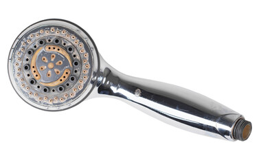 old chrome shower head with significant accumulation of limescale and rust as a result of untimely cleaning and high salt content in the water,concept of hygiene,isolated on transparent background,