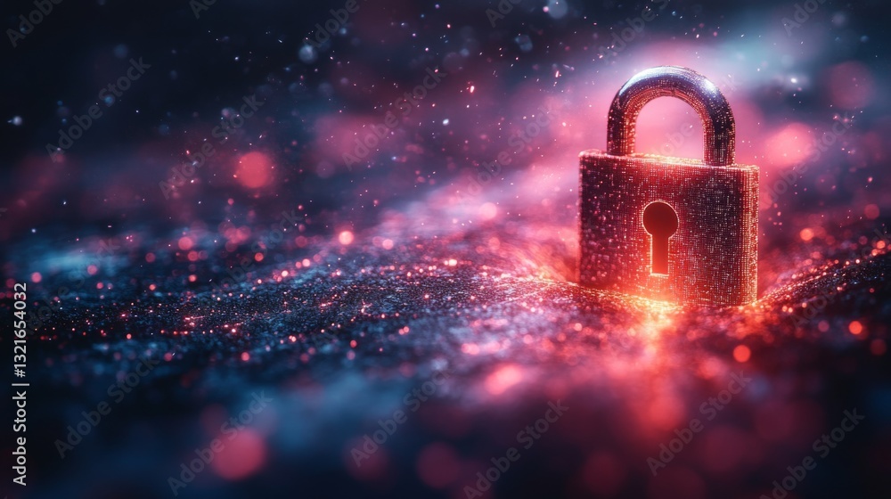 Poster This visual representation illustrates concepts of quantum cryptography, highlighting a padlock amidst a dynamic backdrop, emphasizing encryption, eavesdropping, and security protocols.