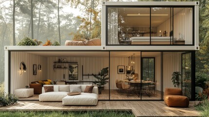 Modern shipping container home blending with nature, minimalist living