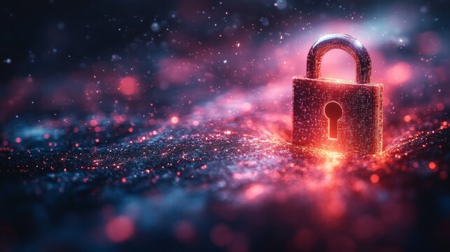 This visual representation illustrates concepts of quantum cryptography, highlighting a padlock amidst a dynamic backdrop, emphasizing encryption, eavesdropping, and security protocols.