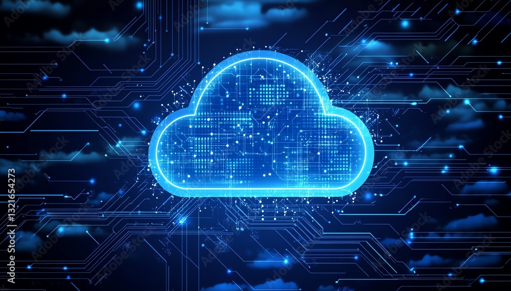 Poster illustration of secure cloud computing with a cloud symbol floating over a stylized chip