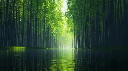 Obraz premium Tranquil Reflection in a Serene Forest with Lush Greenery and Calm Water