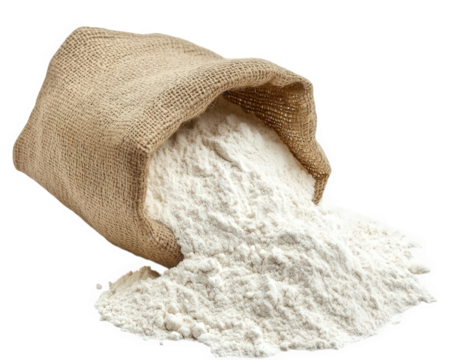 bag of flour spilling onto wooden surface, creating rustic kitchen scene. texture and color of flour contrast beautifully with natural wood