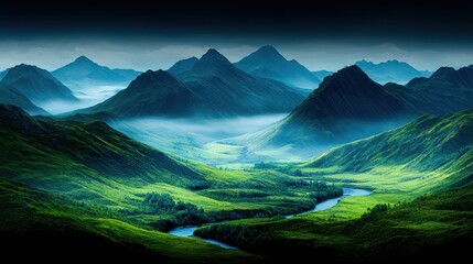 Fototapeta premium Serene Mountain Landscape with Misty Valleys and Flowing River in Early Morning Light