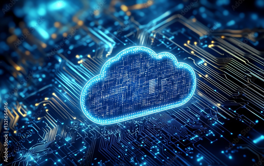 Poster secure cloud computing visual with a cloud symbol over a chip