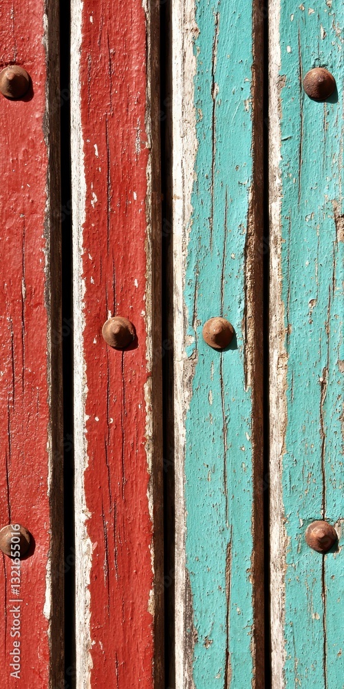 Poster a close-up of weathered wooden panels in red and turquoise, showcasing rustic textures and patterns.