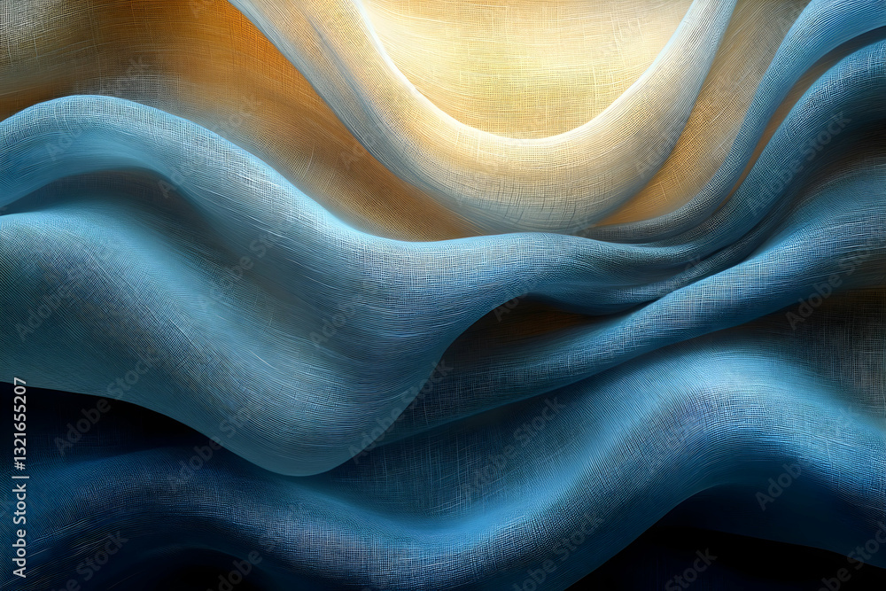 Poster soft, flowing fabric in shades of blue and beige, creating an abstract wave-like pattern with subtle