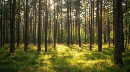 Fototapeta premium A dense pine forest background, perfect for a serene, natural theme 