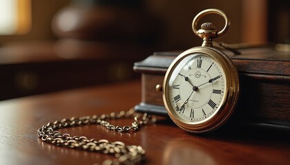 Golden Pocket Watch on Wooden Table with Blurred Background. A gold pocket watch sitting on top of a wooden table.