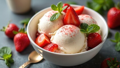 Sweet creamy vanilla ice cream with fresh sliced strawberries topping, green mint leaves. Delicious tempting indulgence, refreshing cool treat. Gourmet fruity confection, tasty dessert for epicures.