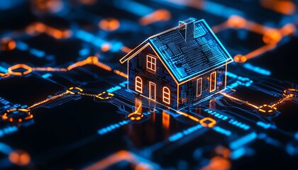 A digital representation of a house connected by a chain of blockchain links