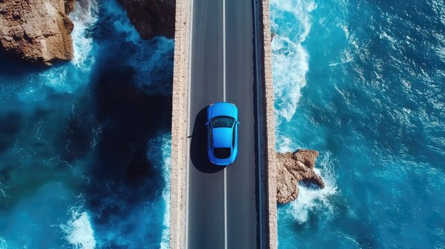 Aerial view of a vibrant blue car driving along a coastal road with crashing waves and rocky cliffs in the background