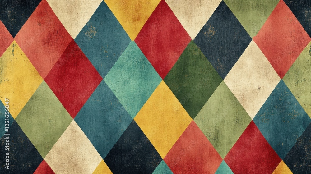 Poster colorful harlequin pattern with vibrant diamonds and textured background for unique design projects 