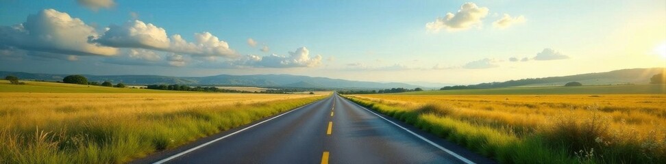 Fototapeta premium Serene asphalt road cuts through idyllic countryside, vast sky above , expansive, countryside, asphalt