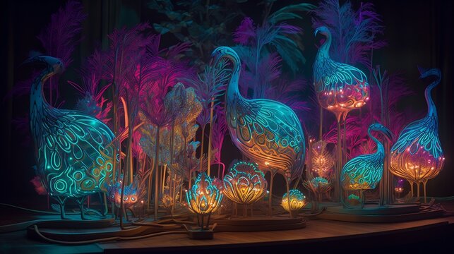Bioluminescent Junkanoo forest midnight glowing neon plants shaped like cowbells and drums mythical Chickcharney birds perched in luminous trees ultra detailed surreal fantasy tropical neon glow