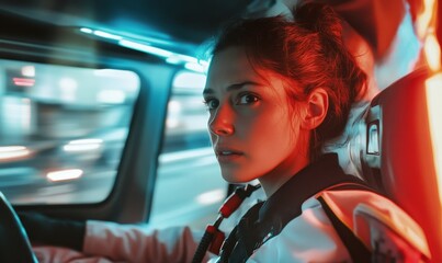 Anxious woman in vehicle at night