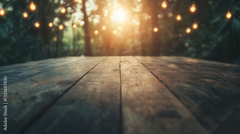 Poster wooden table in forest setting, illuminated by warm string lights and sunlight filtering through tre