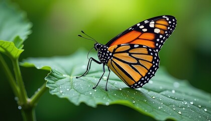 Fototapeta premium Vibrant Monarch Butterfly Perched Gracefully on Glistening Leaf Against Soft Green Background. A butterfly rests on a leaf with water droplets.