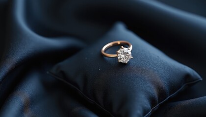 Rose Gold Engagement Ring with Round Diamond on Dark Blue Background. A rose gold engagement ring sits on a black satin fabric.