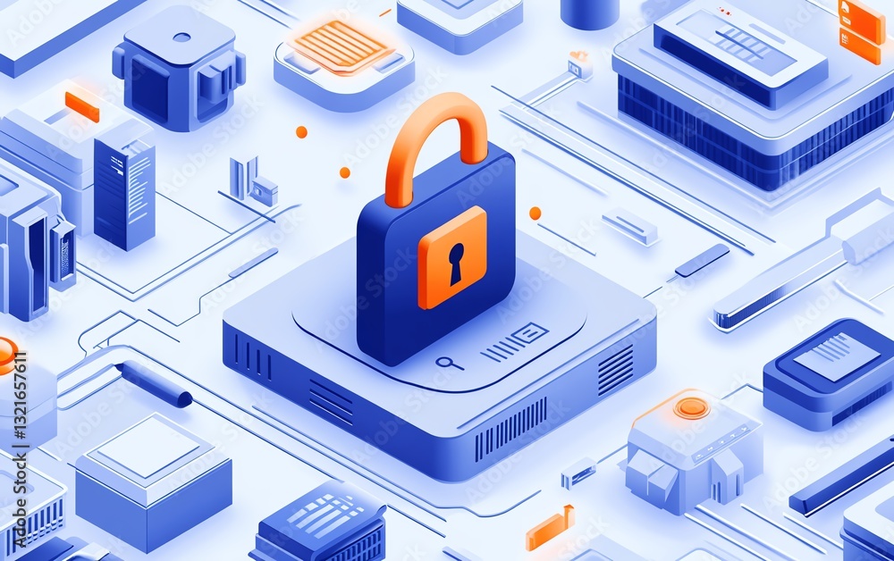 Poster hightech cybersecurity landscape showcasing endpoint detection and response edr with a digital padlo