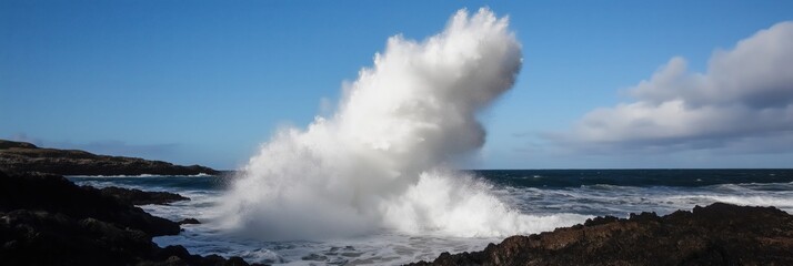 Fototapeta premium An enthralling view of powerful waves crashing against the rugged coastal rocks, illustrating the raw energy of the ocean and its captivating beauty against a bright blue sky.