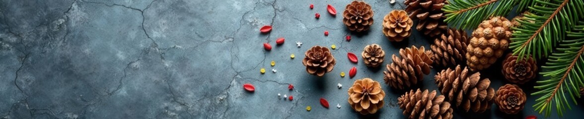 Fototapeta premium Scattered pine cones on grey stones, festive holiday feel , scattered, stone, rustic