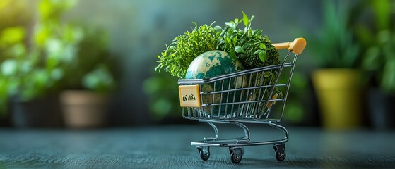 Mini shopping cart filled with globe and plants