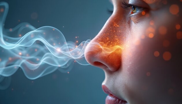 Macro side view of human nose with abstract wave patterns. Orange glow skin, smell inhalation illustration of detecting scents through olfactory system. Concept of fragrance, aroma, perfume,