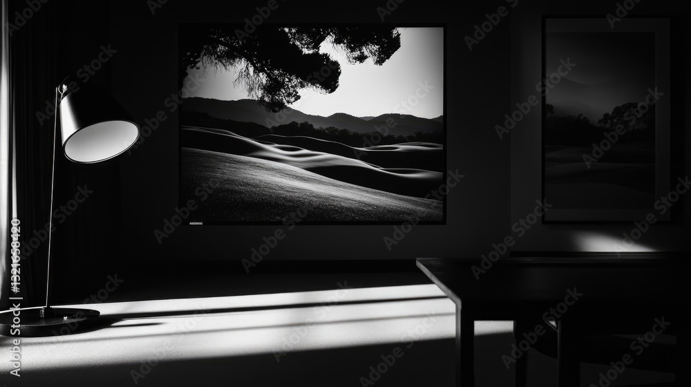 Aufkleber a black and white image of an office desk with a lamp on it