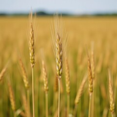Fototapeta premium Vibrant golden wheat fields demonstrate harvests essence and agricultural prosperity