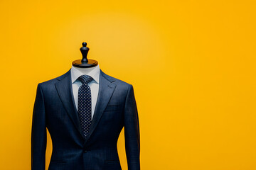 bespoke tailored suit on a mannequin in a luxury fashion boutique yellow background