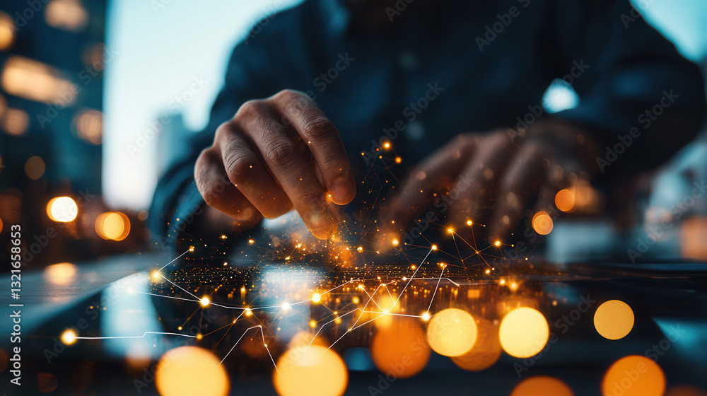 Poster digital entrepreneur interacting with advanced technology, creating connections and innovations in m