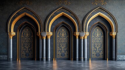 Obraz premium Ornate Islamic Arches, Elegant Interior Design, Empty Hall, Digital Rendering, Background