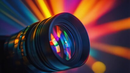 Professional camera lens reflecting vibrant, colorful stage lights creating a visually stunning effect, ideal for entertainment and media productions