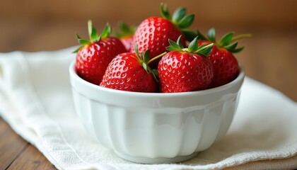 Vibrant Red Strawberries Against White: A Fresh Display on Wooden Table. A white bowl filled with ripe strawberries on top of a white cloth.