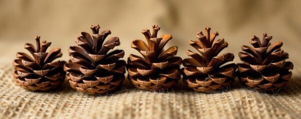 Fototapeta premium Several closed pine cones arranged on coarse burlap , seed, texture, organic