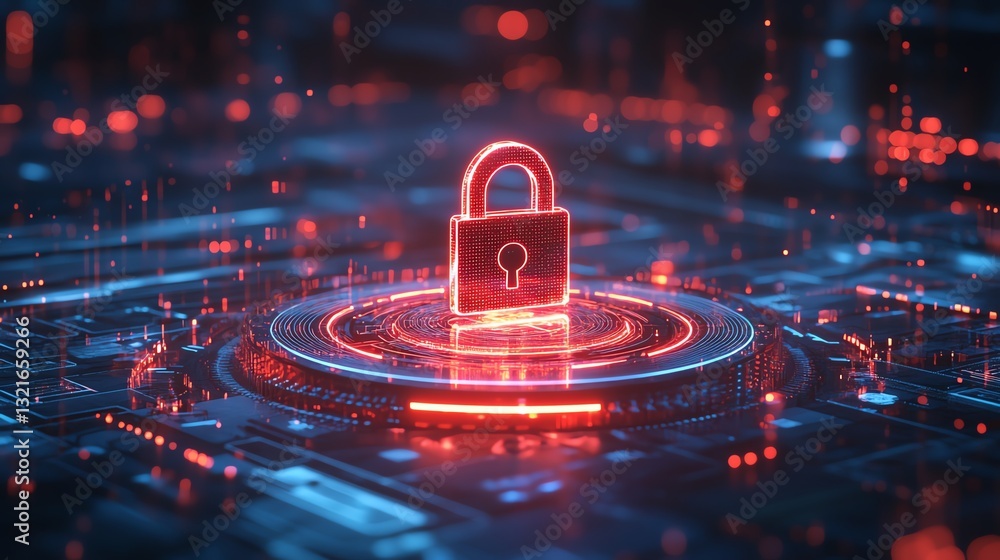Poster Endpoint Detection and Response EDR concept with a digital padlock icon surrounded by complex cybersecurity layers