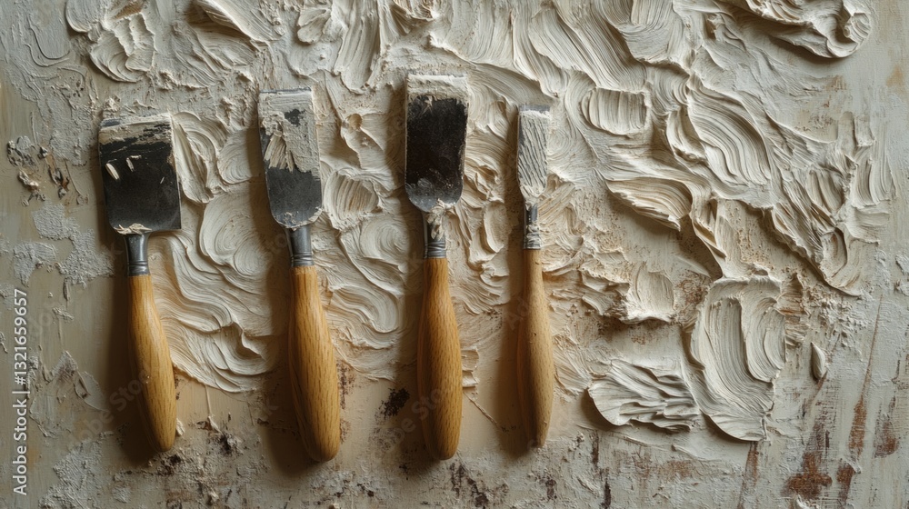Poster three knives and a spatula placed on a table, ready for use in cooking