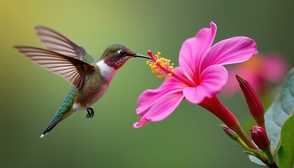 Fototapeta premium Vibrant Hummingbird in MidFlight Near a Pink Flower Against a Blurry Background. A hummingbird is feeding from a pink flower.