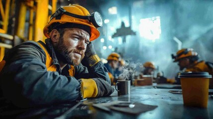 Obraz premium Exhausted miner takes a break with hot beverage in an industrial workspace filled with smoke and machinery