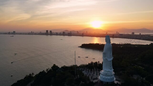 Da Nang aerial view of Lady Buddha's statue, Vietnam, zoom in