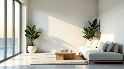 Fototapeta premium Serene Coastal Living Room Design Minimalist Interior with Ocean View and Natural Light
