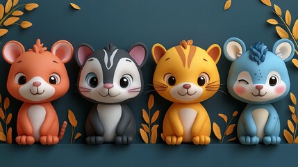 Fototapeta premium A delightful display featuring four adorable animal figurines, showcasing a palette of cheerful colors and heartwarming expressions.