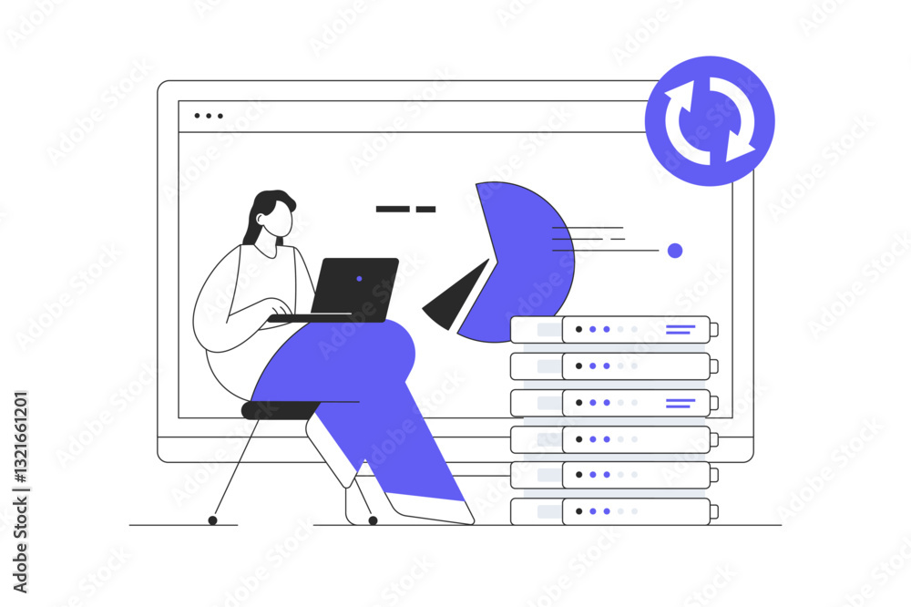Poster woman character with laptop, monitor with cloud computing and data analysis on screen. flat cartoon 