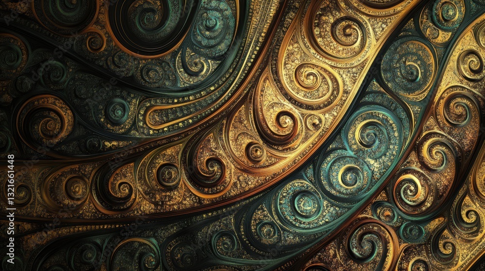 Poster intricate swirling patterns in rich gold and teal tones creating a lush decorative design perfect fo