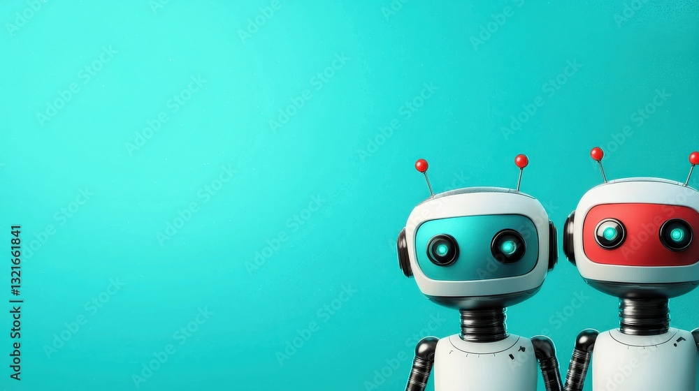 Poster two robots are standing next to each other on a blue background