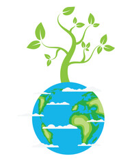 Planet Earth with Growing Tree and Clouds Isolated on White. Environment preservation, ecology and green lifestyle concept vector art